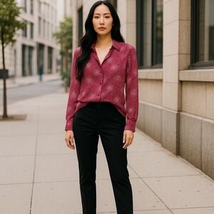 Diane von Furstenberg Blouse Top Button Down Long Sleeve Pink White Size 4